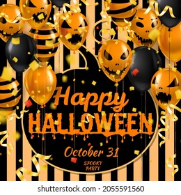 Happy Halloween banner with Balloons air realistic, gold confetti foil falling. Scary smiles, ghost icons black, orange colors. Halloween template background