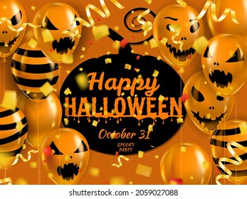 Happy Halloween banner with Balloons air realistic, gold confetti foil falling. Scary smiles, ghost icons black, orange colors. Halloween template background