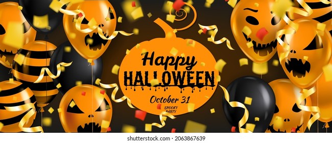 Happy Halloween banner with Balloons air realistic, gold confetti foil falling. Scary smiles, ghost icons black, orange colors. Halloween template background