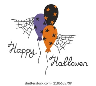 Happy Halloween banner with balloons with stars, cobwebs and text for the holiday. Vector illustration isolated for falling design and decor.