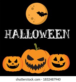 Happy Halloween banner with bat, spider and cat. Vector illustration.