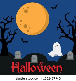 Happy Halloween banner with bat, spider and cat. Vector illustration.