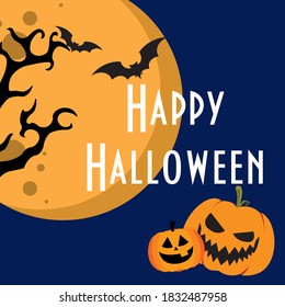 Happy Halloween banner with bat, spider and cat. Vector illustration.