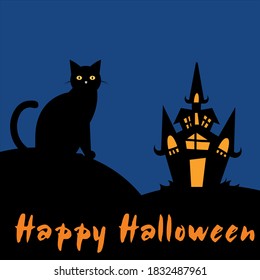 Happy Halloween banner with bat, spider and cat. Vector illustration.