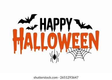 Happy Halloween banner, bat and spider web illustration, festive October greeting, Halloween party invitation, spooky holiday design