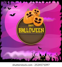 Happy Halloween banner with bats, cat, castle, graveyard and Halloween scary pumpkins isolated on spooky night background . Funky kids Halloween banner with greeting text