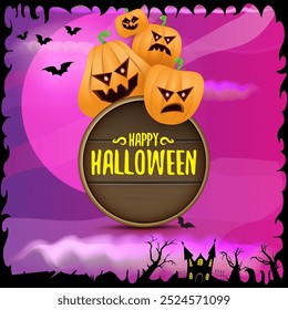 Happy Halloween banner with bats, cat, castle, graveyard and Halloween scary pumpkins isolated on spooky night background . Funky kids Halloween banner with greeting text