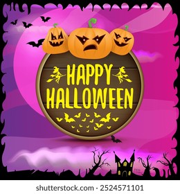 Happy Halloween banner with bats, cat, castle, graveyard and Halloween scary pumpkins isolated on spooky night background . Funky kids Halloween banner with greeting text