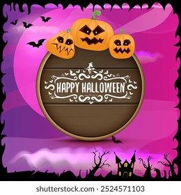 Happy Halloween banner with bats, cat, castle, graveyard and Halloween scary pumpkins isolated on spooky night background . Funky kids Halloween banner with greeting text