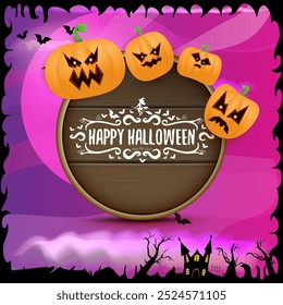 Happy Halloween banner with bats, cat, castle, graveyard and Halloween scary pumpkins isolated on spooky night background . Funky kids Halloween banner with greeting text