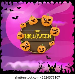 Happy Halloween banner with bats, cat, castle, graveyard and Halloween scary pumpkins isolated on spooky night background . Funky kids Halloween banner with greeting text