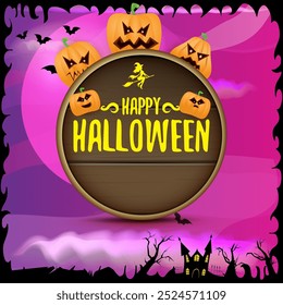 Happy Halloween banner with bats, cat, castle, graveyard and Halloween scary pumpkins isolated on spooky night background . Funky kids Halloween banner with greeting text