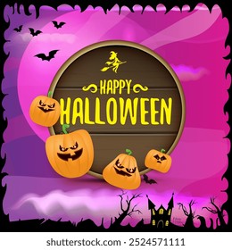 Happy Halloween banner with bats, cat, castle, graveyard and Halloween scary pumpkins isolated on spooky night background . Funky kids Halloween banner with greeting text