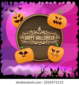 Happy Halloween banner with bats, cat, castle, graveyard and Halloween scary pumpkins isolated on spooky night background . Funky kids Halloween banner with greeting text