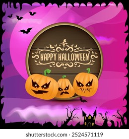 Happy Halloween banner with bats, cat, castle, graveyard and Halloween scary pumpkins isolated on spooky night background . Funky kids Halloween banner with greeting text