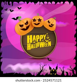 Happy Halloween banner with bats, cat, castle, graveyard and Halloween scary pumpkins isolated on spooky night background . Funky kids Halloween banner with greeting text