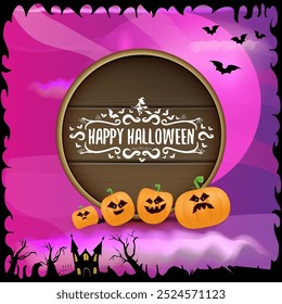 Happy Halloween banner with bats, cat, castle, graveyard and Halloween scary pumpkins isolated on spooky night background . Funky kids Halloween banner with greeting text