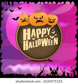 Happy Halloween banner with bats, cat, castle, graveyard and Halloween scary pumpkins isolated on spooky night background . Funky kids Halloween banner with greeting text