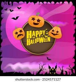 Happy Halloween banner with bats, cat, castle, graveyard and Halloween scary pumpkins isolated on spooky night background . Funky kids Halloween banner with greeting text