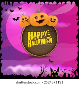 Happy Halloween banner with bats, cat, castle, graveyard and Halloween scary pumpkins isolated on spooky night background . Funky kids Halloween banner with greeting text