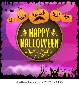 Happy Halloween banner with bats, cat, castle, graveyard and Halloween scary pumpkins isolated on spooky night background . Funky kids Halloween banner with greeting text