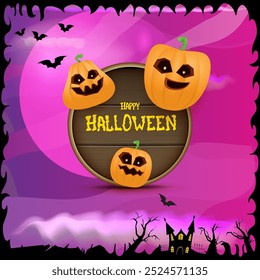 Happy Halloween banner with bats, cat, castle, graveyard and Halloween scary pumpkins isolated on spooky night background . Funky kids Halloween banner with greeting text