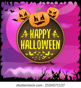 Happy Halloween banner with bats, cat, castle, graveyard and Halloween scary pumpkins isolated on spooky night background . Funky kids Halloween banner with greeting text