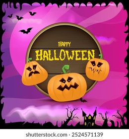 Happy Halloween banner with bats, cat, castle, graveyard and Halloween scary pumpkins isolated on spooky night background . Funky kids Halloween banner with greeting text