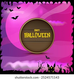 Happy Halloween banner with bats, cat, castle, graveyard and Halloween scary pumpkins isolated on spooky night background . Funky kids Halloween banner with greeting text