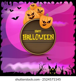 Happy Halloween banner with bats, cat, castle, graveyard and Halloween scary pumpkins isolated on spooky night background . Funky kids Halloween banner with greeting text