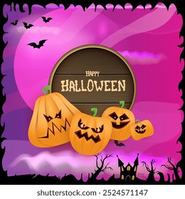 Happy Halloween banner with bats, cat, castle, graveyard and Halloween scary pumpkins isolated on spooky night background . Funky kids Halloween banner with greeting text