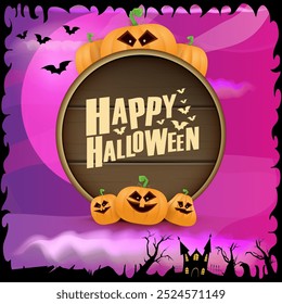 Happy Halloween banner with bats, cat, castle, graveyard and Halloween scary pumpkins isolated on spooky night background . Funky kids Halloween banner with greeting text