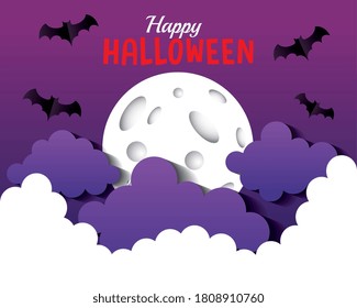 happy halloween banner, with bats flying, full moon and clouds paper cut style vector illustration design