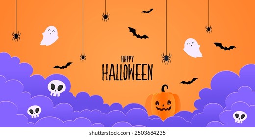 Happy Halloween banner with bats, sculls, ghost, spiders and pumpkin. Vector illustration.