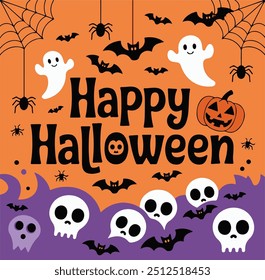 Happy Halloween banner with bats, sculls, ghost, spiders and pumpkin