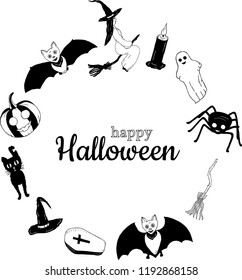 Happy Halloween. Banner. Bats, witch, candle, spider, ghost, broom, coffin, cat, pumpkin, witch’s cap around the inscription. Drawing by hand. Black and white. Vector.