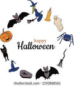 Happy Halloween. Banner. Bats, witch, candle, spider, ghost, broom, coffin, cat, pumpkin, witch’s cap around the inscription. Drawing by hand. Vector.