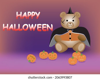 Happy Halloween banner. 
Bear design and Spooky pumpkin to celebrate Halloween day. Lettered design.
Teddy bear wearing  black robe and witch hat. -vector 
