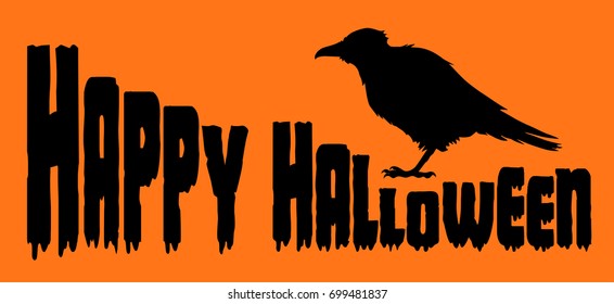 Happy halloween banner. Big monster crow and bloody letters silhouette. Cartoon style. Concept design for holiday banner, greeting card or invites. Vector illustration