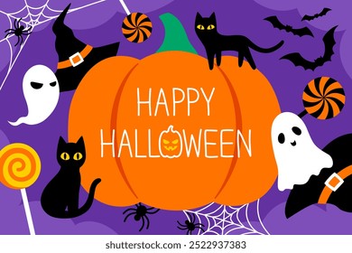 Happy Halloween banner with big pumpkin at the center, decorate with cute ghosts, black cats, spider web, sweet candy and witch hats on purple background.