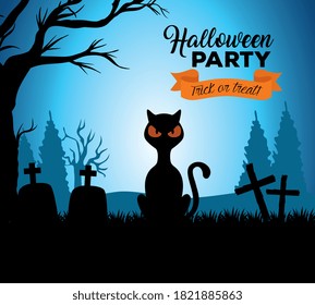 happy halloween banner with black cat in cemetery vector illustration design