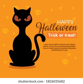 happy halloween banner with black cat on orange background vector illustration design