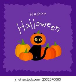 Happy Halloween banner black cat with pumpkin head on purple background.