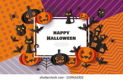 Happy Halloween banner with black cats, bats and pumpkins on patchwork pattern background, vector illustration in origami or paper cut style. Party invitation or greeting card template.