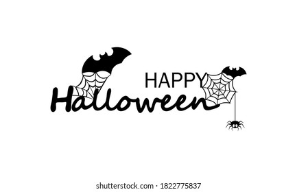 Happy Halloween banner in black. Invitation to a party. Calligraphy text. Spider, bat decoration. Vector on isolated white background. EPS 10