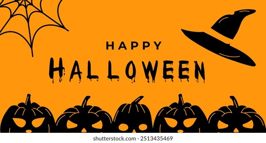 Happy halloween banner with black pumpkins and witch hat on orange background