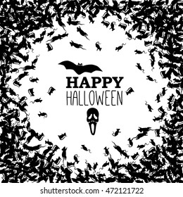 Happy Halloween banner with black rats, but and skull. Vector background.
