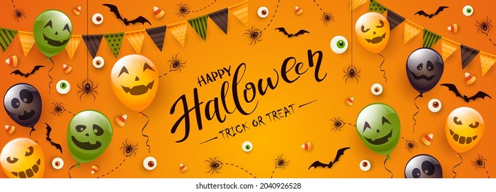 Happy Halloween banner. Black spiders, bats, eyes and Halloween balloons with scary smiles on orange background. Illustration for children's holiday design, decoration, cards, banners, template.