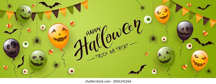 Happy Halloween banner. Black spiders, bats and Halloween balloons with scary smiles on green background. Illustration can be used for children's holiday design, decoration, cards, banners, template.