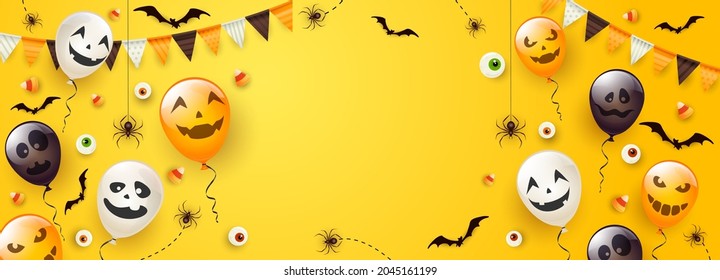 Happy Halloween banner. Black spiders, bats, eyes and Halloween balloons with scary smiles on yellow background. Illustration for children's holiday design, decoration, cards, banners, template.